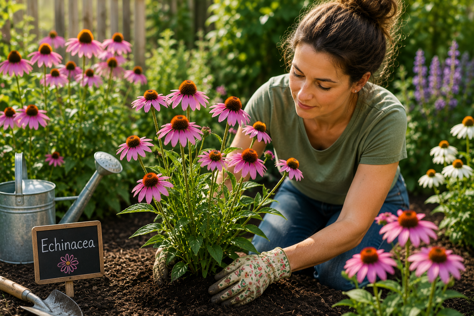 Woman Planting Echinacea