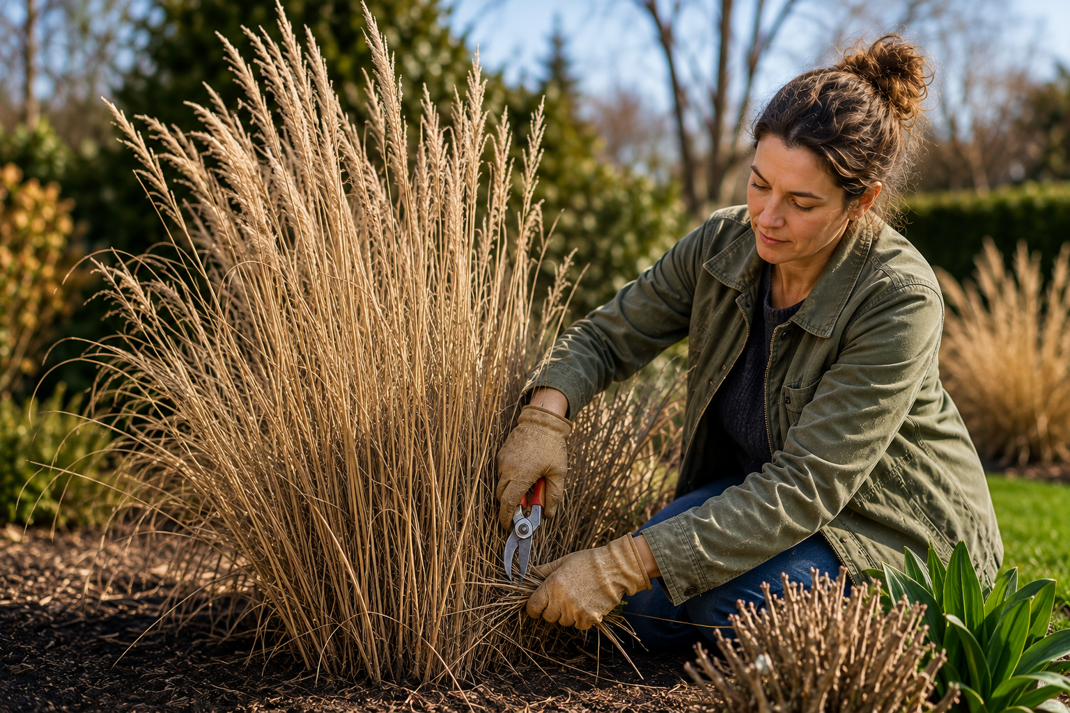 Female cutting back Ornamental Grasses 