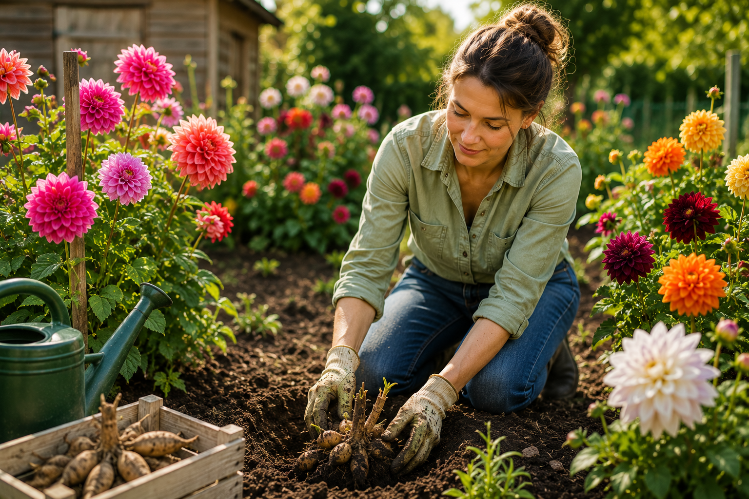 Woman Planting Dahlias