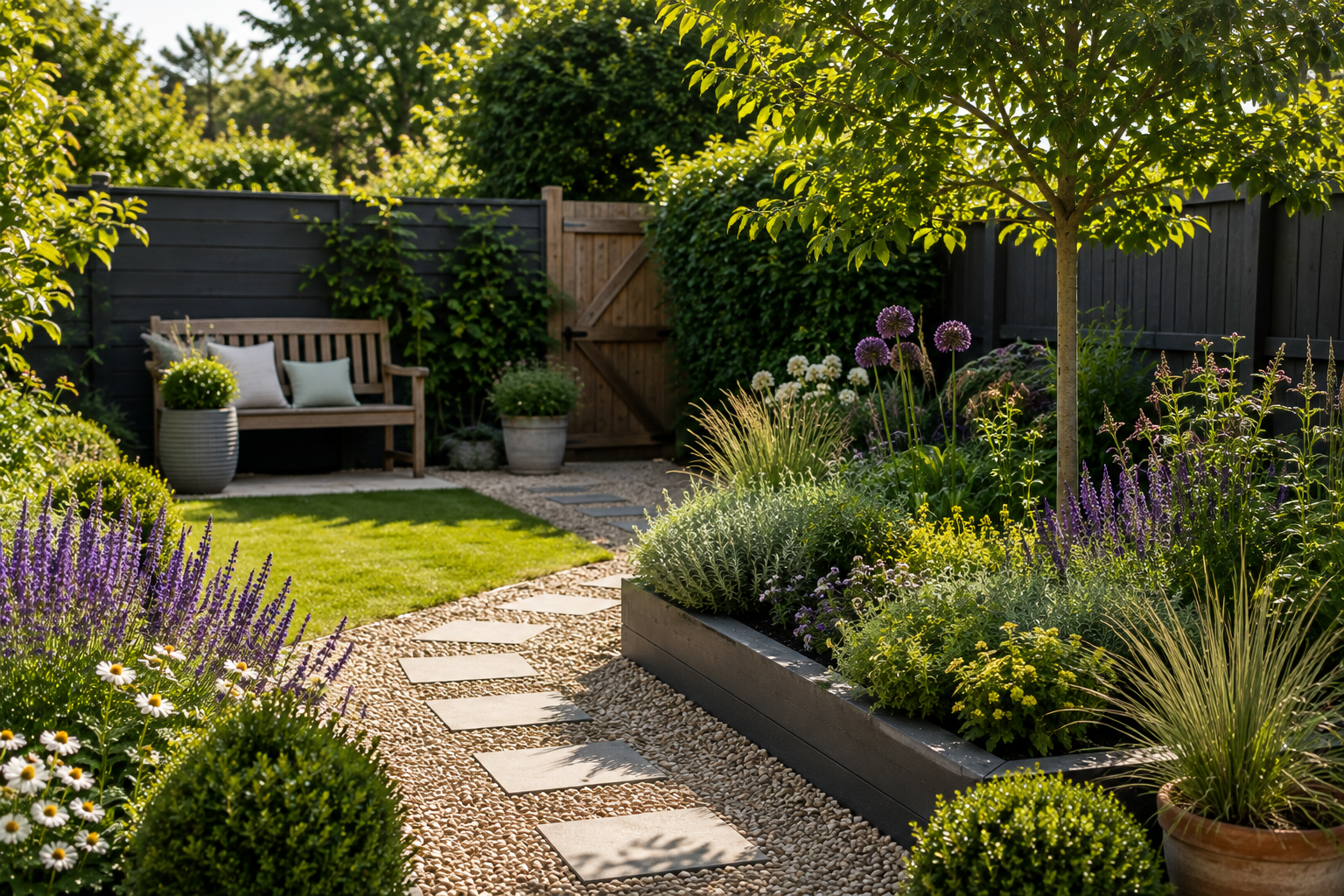 Sunlit Garden Path and Seating Nook