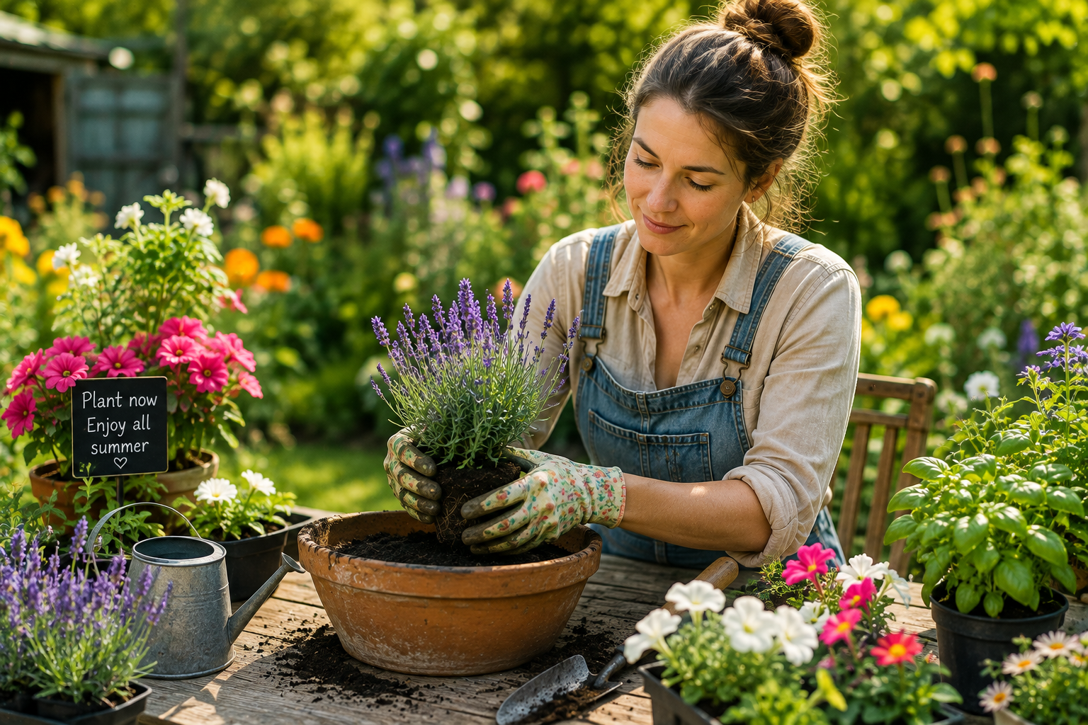 Woman in the garden surrounded by beautiful plants
