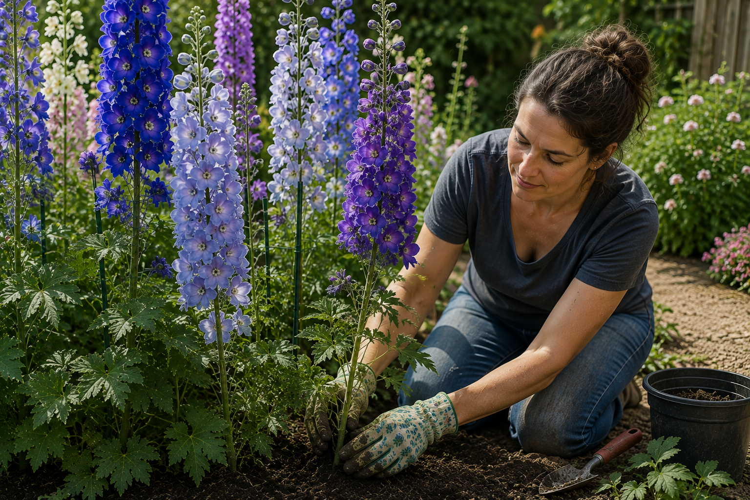 Woman Tending a Colorful Delphinium Garden