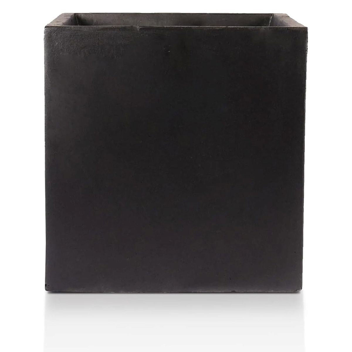The IDEALIST Lite Contemporary Flower Box is a large, square, faux lead light concrete planter (H60 L60 W60 cm, 195L) with pre-drilled drainage holes, shown in black against a white background.