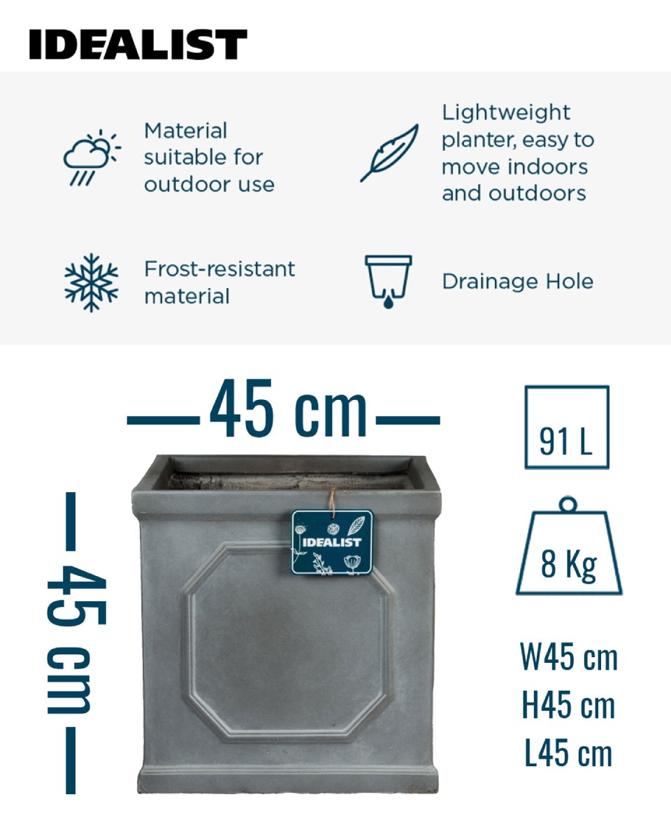 The IDEALIST Lite Chelsea Flower Box Square Planter in faux lead grey measures 45x45x45 cm, holds 91L, weighs 8kg, has pre-drilled drainage holes, is frost-resistant and lightweight—ideal for indoor or outdoor use as affordable garden decor.