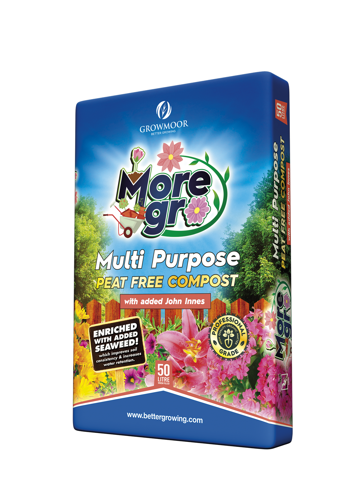 A 50L bag of More Gro Peat Free Multipurpose with Added John Innes. The packaging shows colorful flowers, product info, and highlights seaweed enrichment.