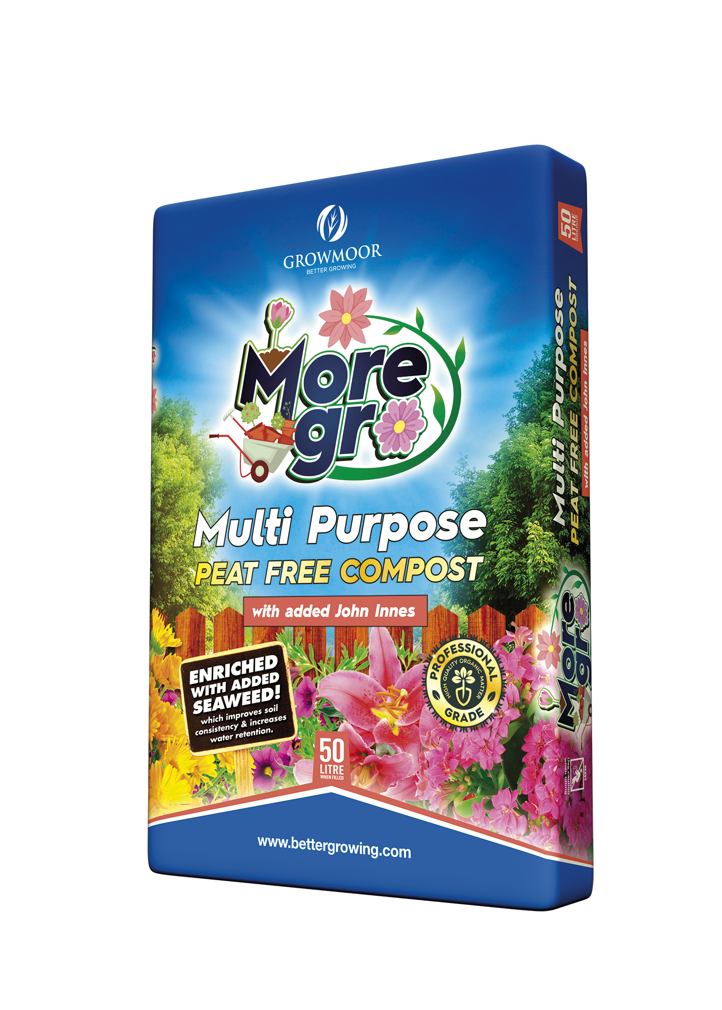 A 50L bag of More Gro Peat Free Multipurpose with Added John Innes. The packaging shows colorful flowers, product info, and highlights seaweed enrichment.