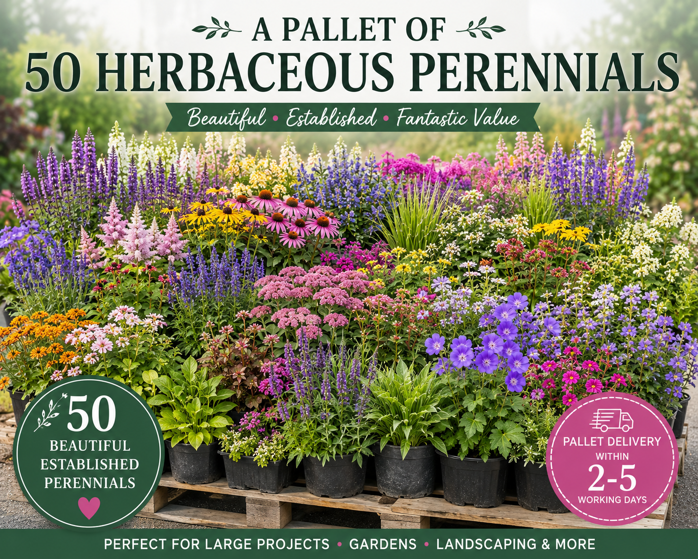 Pallet of 50 Established 2L Herbaceous Perennials (£8.99 per plant)