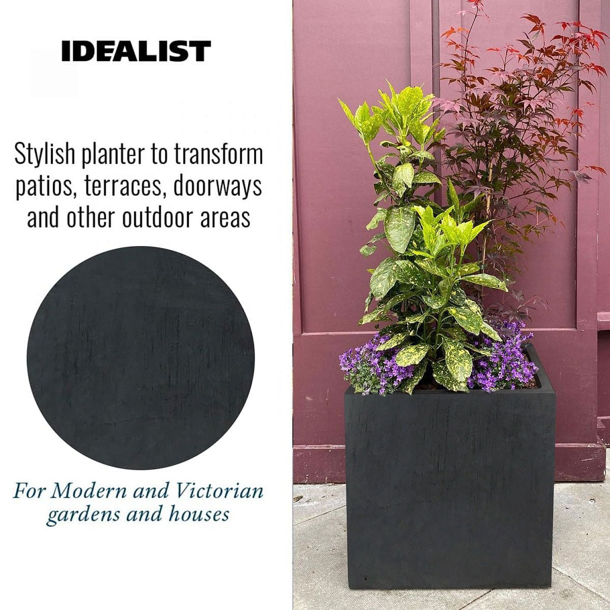 The IDEALIST Lite Contemporary Flower Box Square Garden Planter (Faux Lead, H60 L60 W60 cm, 195L) is a stylish, frost-resistant container with drainage holes, perfect for modern/Victorian homes and outdoor use.
