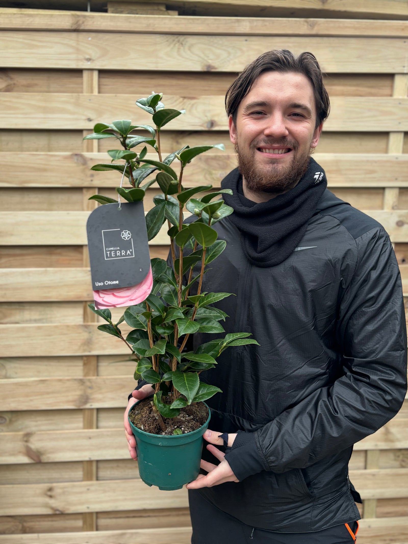 A man holding a Camellia japonica 'Uso Otome' 40-50cm, an evergreen shrub admired for its elegant white double flowers.