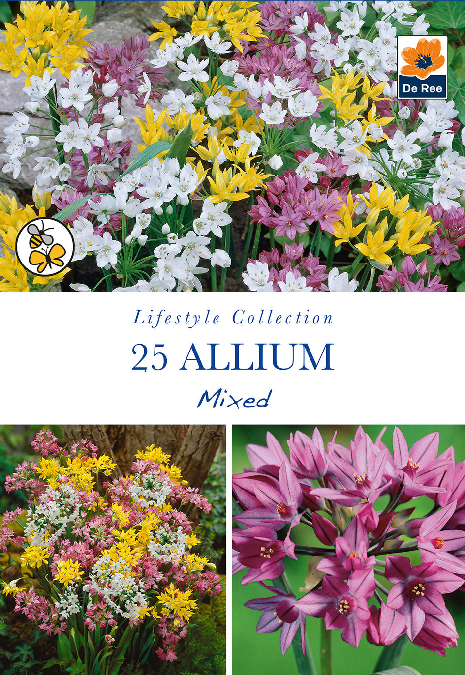 The Allium Mixed Bulbs (25 Bulbs) pack features star-shaped blooms in white, yellow, and purple, shown in close-up and group photos. De Ree branding and a flower icon showcase these vibrant spring-flowering bulbs.