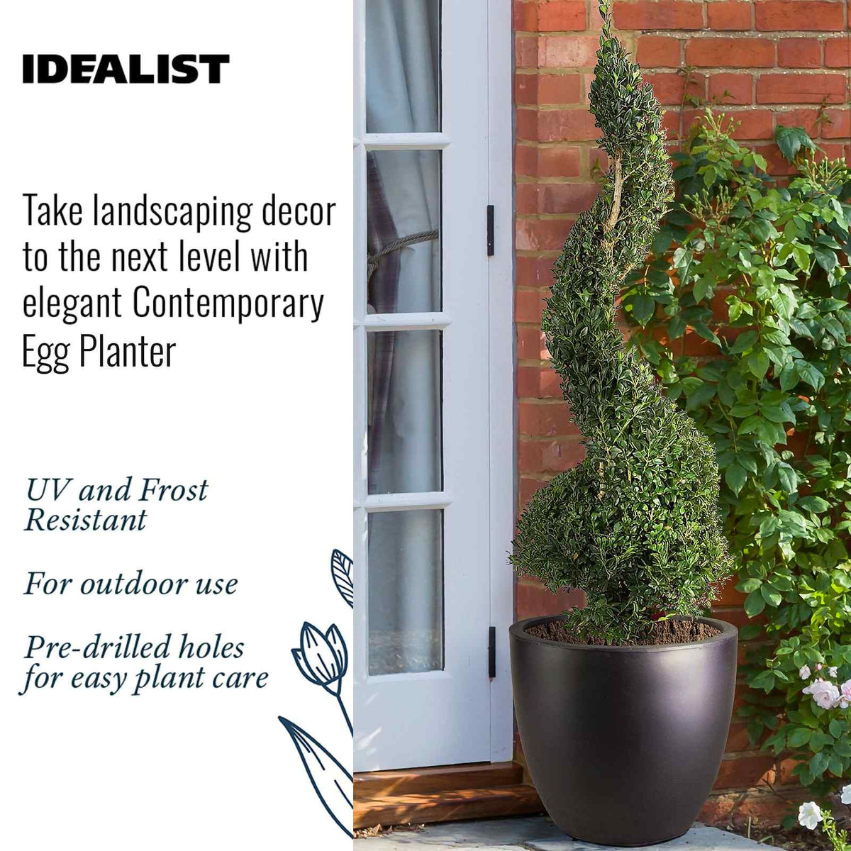 The IDEALIST Lite 50cm Washed Light Concrete Egg Round Planter stands by a glass door, a tall topiary inside. UV and frost resistant, it suits outdoor use and features pre-drilled holes for easy plant care. 98L capacity, D50 H50 cm.
