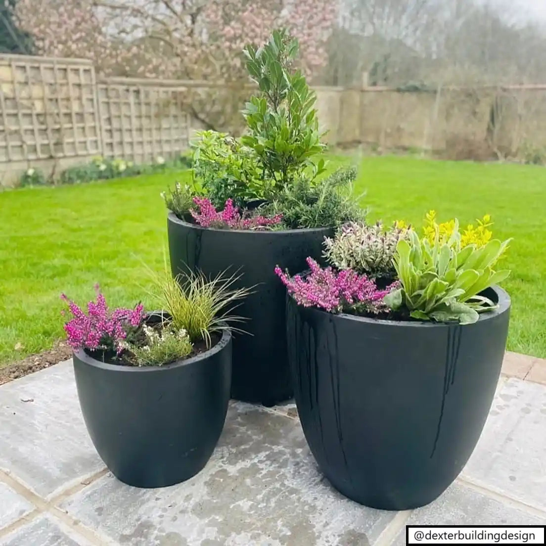 The IDEALIST Lite 50cm Large Garden Planter, a washed light concrete egg-shaped pot (D50 H50 cm, 98L), is filled with vibrant flowers and greenery and displayed outdoors on stone, with a lush lawn and wooden fence behind.