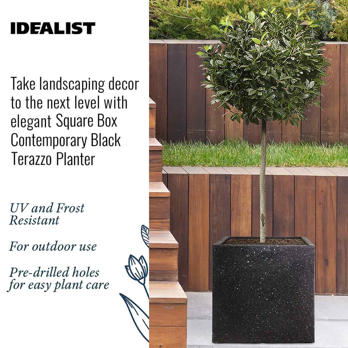 A lush round tree sits in the IDEALIST Lite Contemporary Flower Box Square Garden Planter (H30 L30 W30 cm, 28L, light concrete) on a patio. This planter is stylish, outdoor-safe, and frost-proof, perfect as a large outdoor pot.