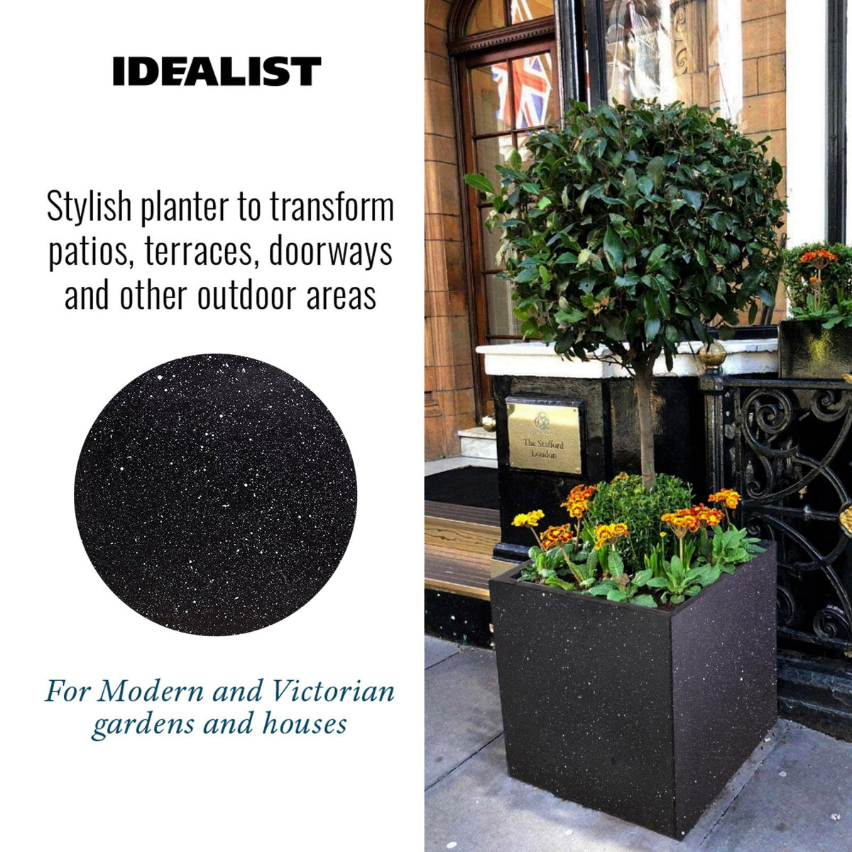 The IDEALIST Lite Contemporary Flower Box Square Garden Planter, Light Concrete, H30 L30 W30 cm, 28L, featuring a textured surface, stands outside a building entrance, perfect for patios, terraces, doorways, and gardens.