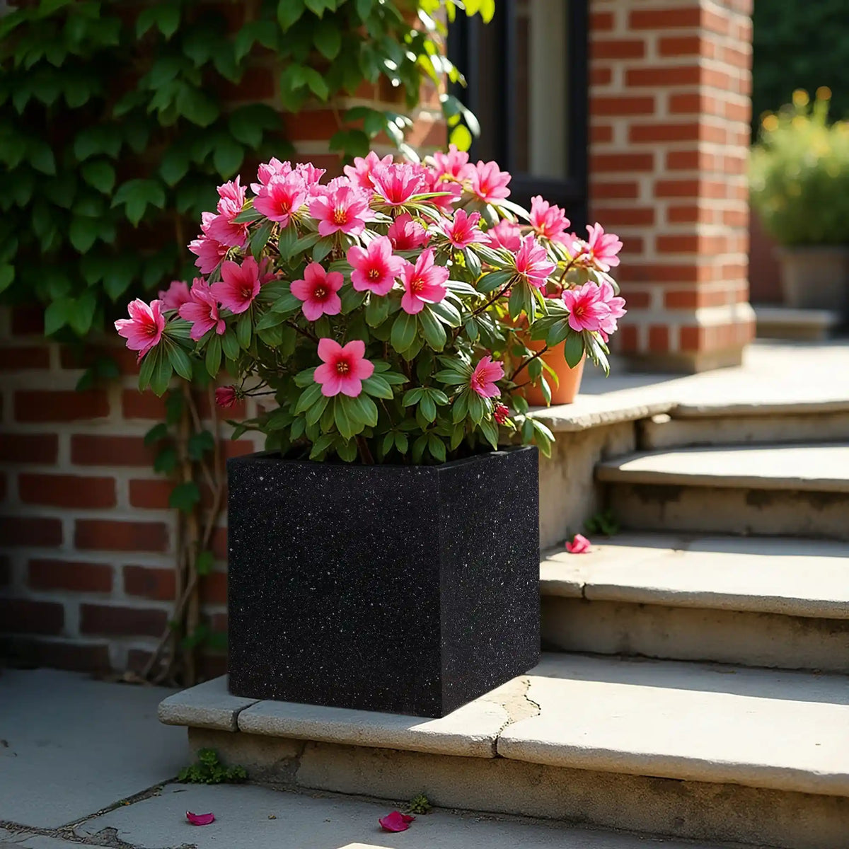 An IDEALIST Lite Contemporary Flower Box Square Garden Planter, Light Concrete, 30cm, 28L, with bright pink flowers is displayed on stone steps outside a brick building, surrounded by greenery and sunlight.
