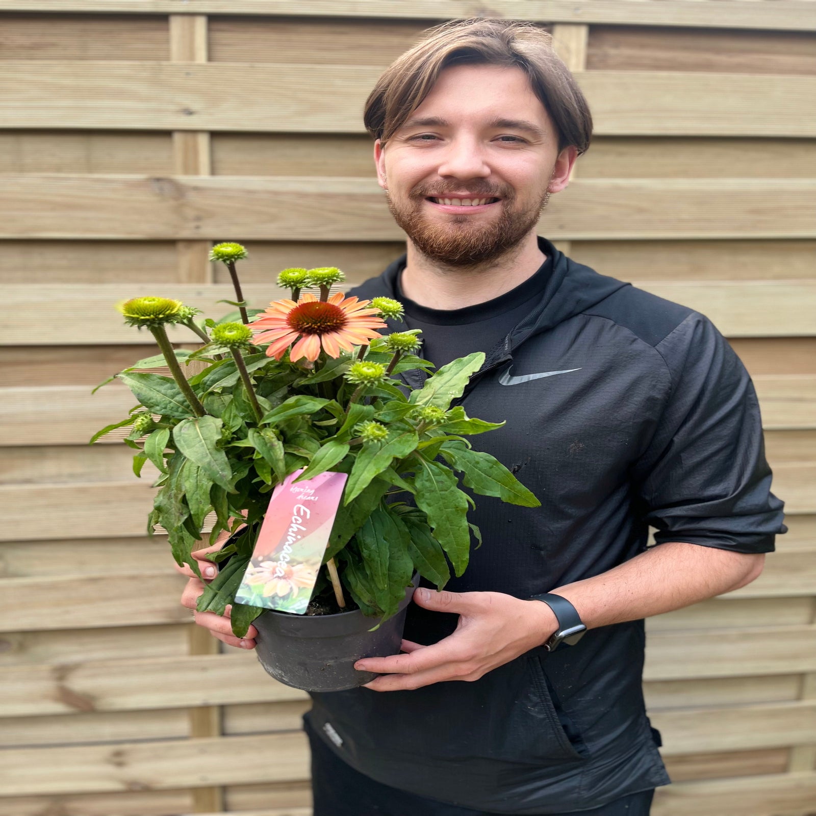 A smiling man in a black athletic outfit holds an Echinacea 'Salmon' 2L with green leaves and salmon-pink blooms in front of a wooden fence.