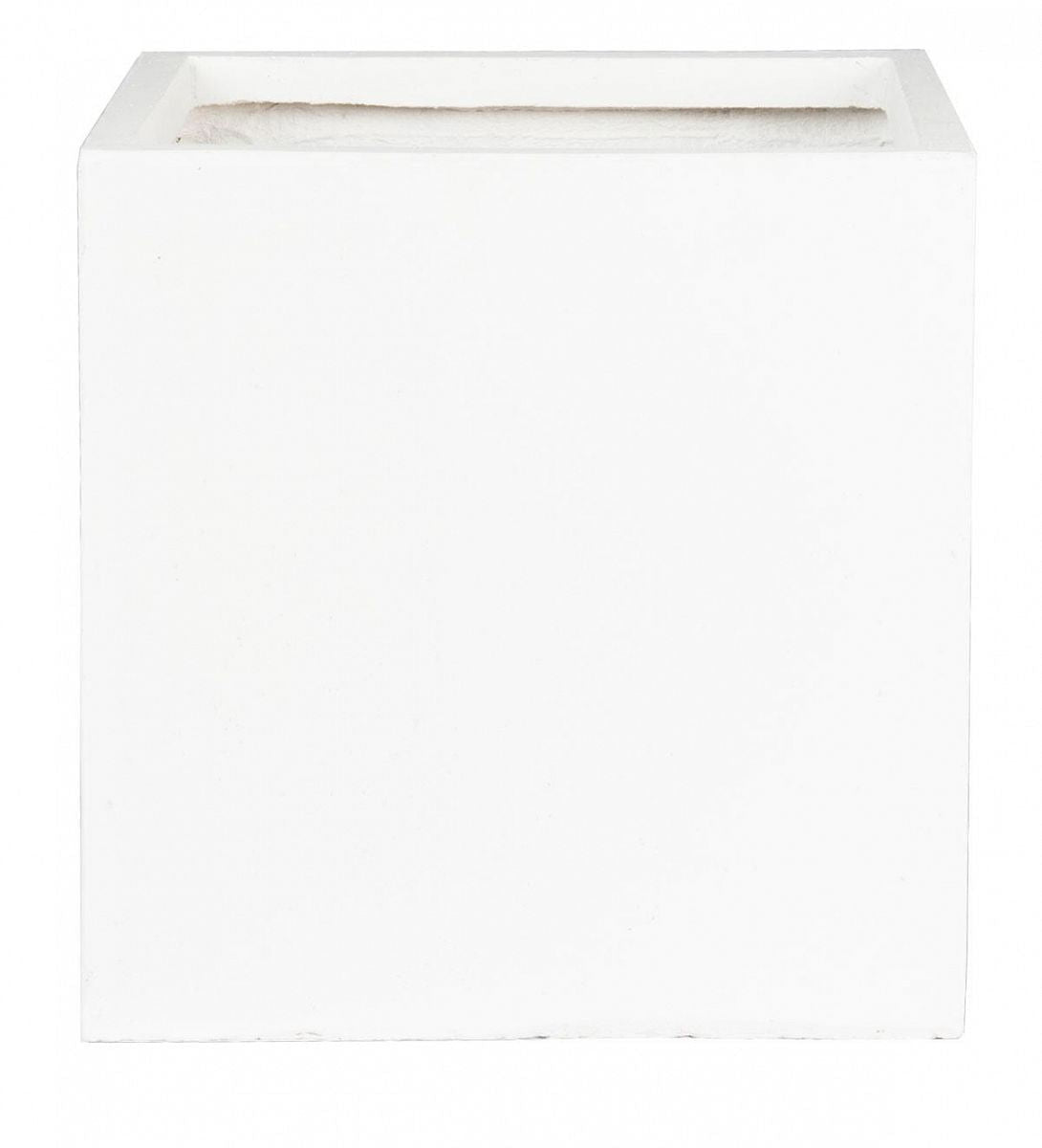 The IDEALIST Lite Contemporary Flower Box is a plain, white, square 60x60x60cm planter with smooth surfaces, no decorations, faux lead finish, pre-drilled drainage holes, and a 195L capacity, shown against a white background.