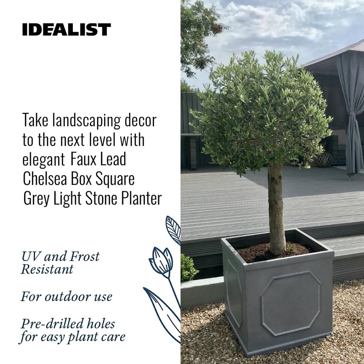 A tall potted tree is placed in the IDEALIST Lite Chelsea Flower Box Square Garden Planter (30x30x30cm, 27L), a frost-resistant, faux lead light stone pot with drainage holes—stylish, durable, and easy to maintain.