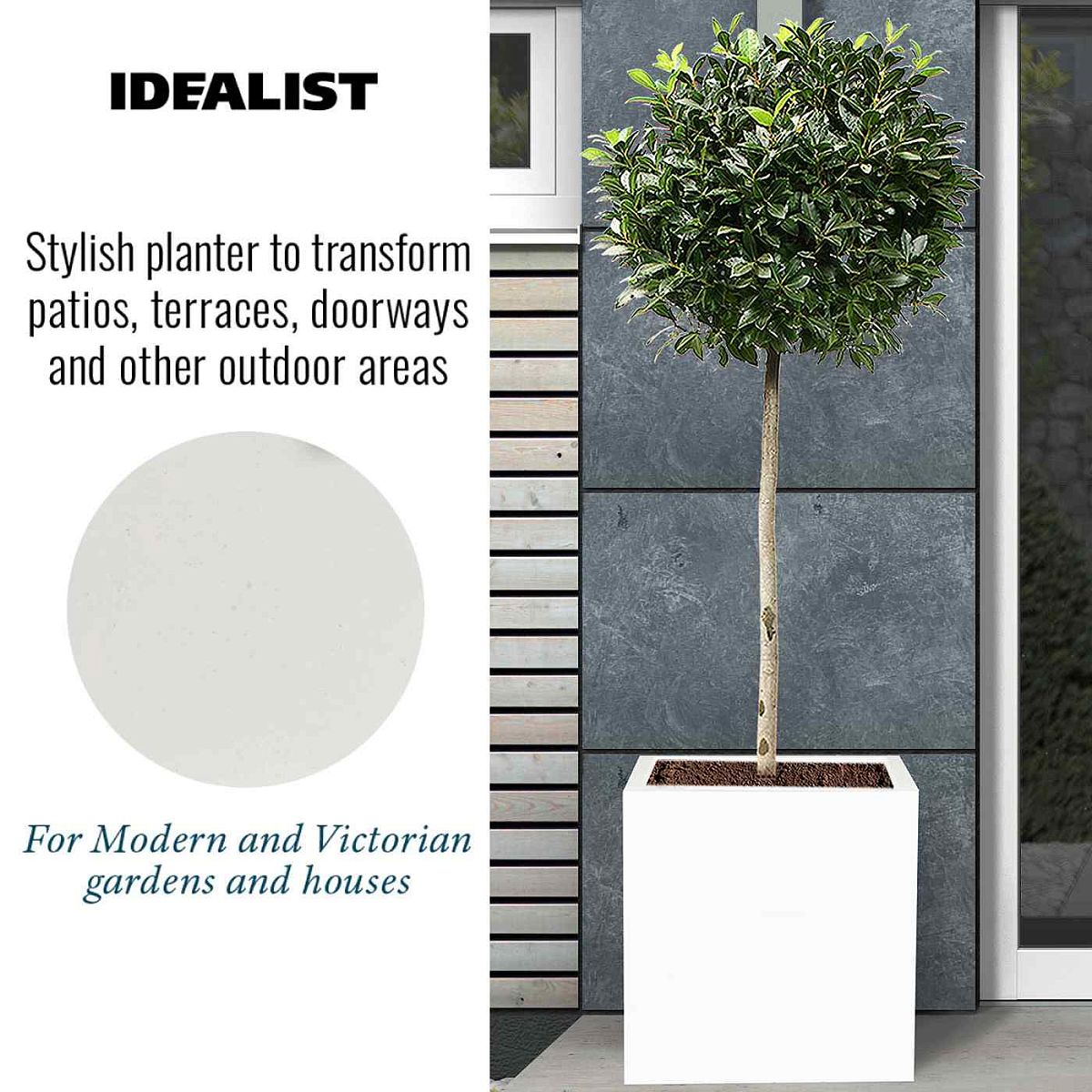 A tall tree sits in an IDEALIST Lite Contemporary Square Garden Planter (Faux Lead Concrete, 40x40x40cm, 65L), frost-resistant with drainage holes. Stylish decor for patios, terraces, and gardens. IDEALIST at the top; gray tiled wall backdrop.