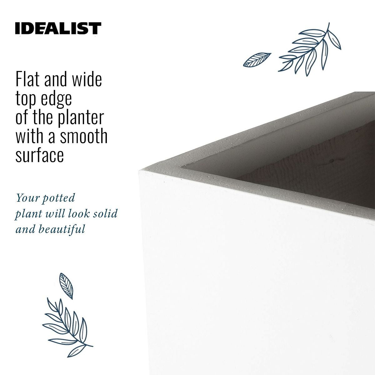 A close-up of the IDEALIST Lite Contemporary Flower Box Square Garden Planter (Faux Lead, 40x40x40cm, 65L) shows its smooth, frost-resistant finish and wide top edge—perfect for stylish outdoor decor and large potted plants.
