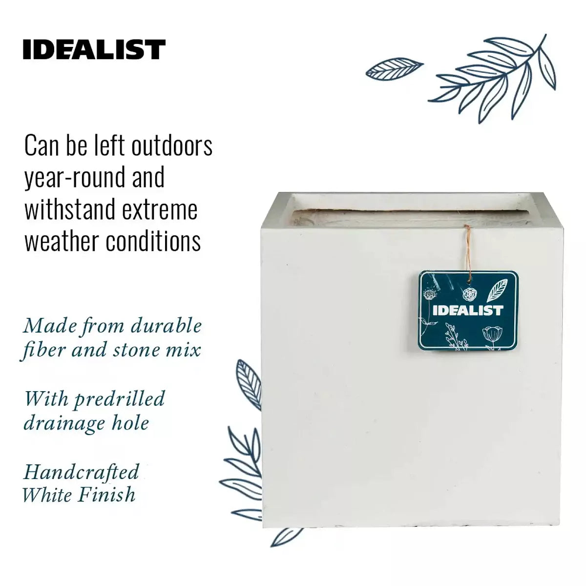 The IDEALIST Lite Contemporary Flower Box is a square outdoor planter (H40 L40 W40 cm, 65L) with a faux lead concrete look. It’s durable year-round, features predrilled drainage holes, and is finished by hand for stylish garden decor. Leaf sketches decorate the image.