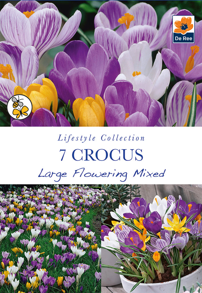 The Crocus Large Flowering Mixed (7 Bulbs) pack features vibrant purple, white, and yellow Crocus—perfect for early spring gardens. Images show blooming clusters in beds and pots, with the De Ree logo in the top right corner.