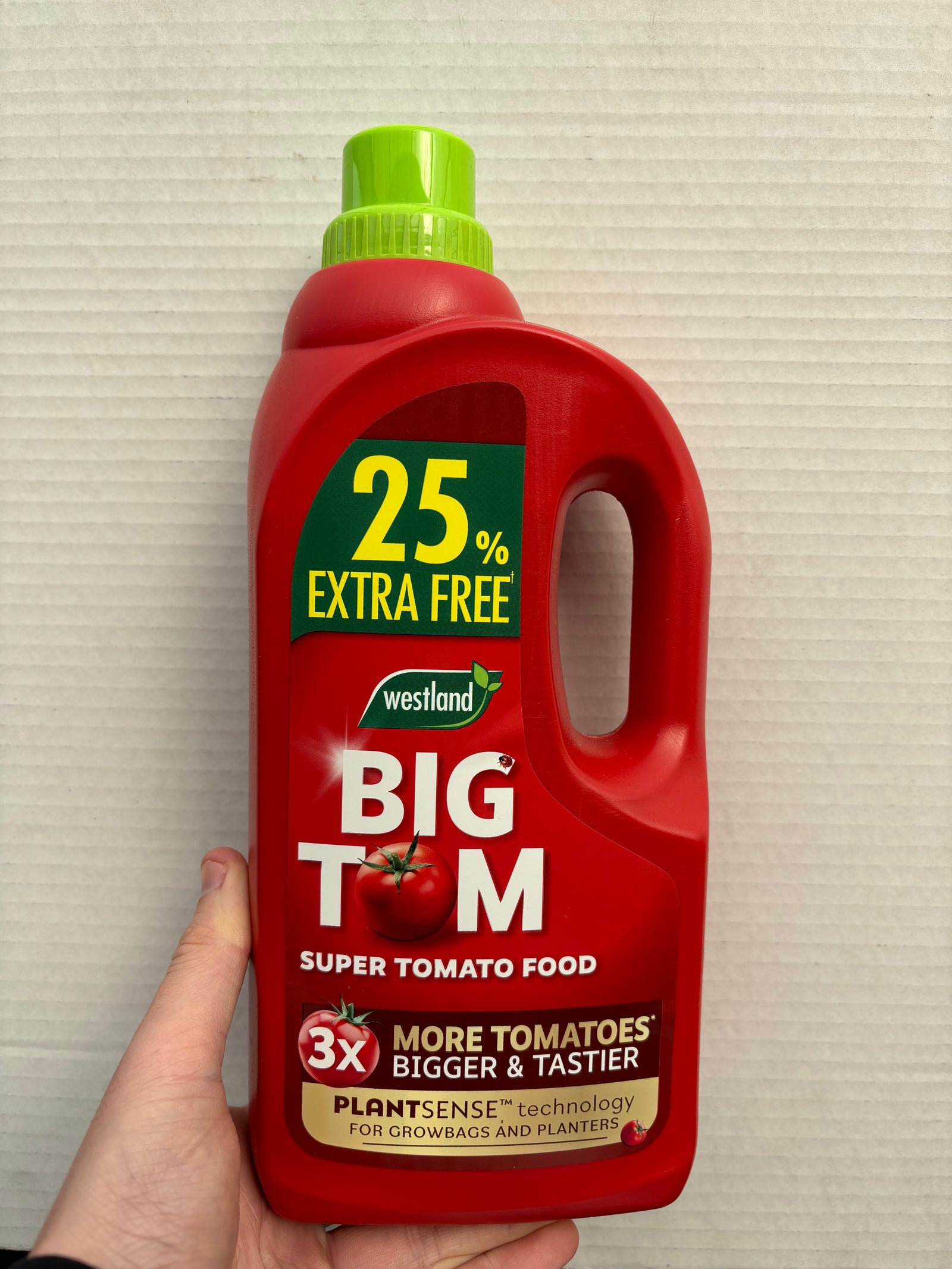 A hand holding a 1.25L bottle of Big Tomato Food, a tomato sauce enriched with seaweed for extra flavor—perfect for any tomato lover.