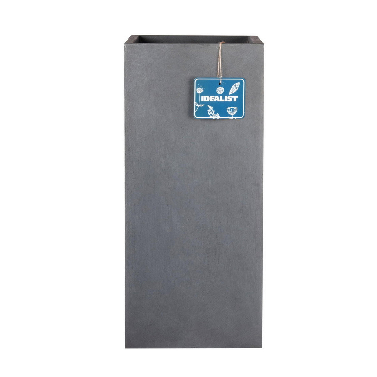 The IDEALIST Lite Contemporary Faux Lead Light Concrete Garden Tall Square Planter (H50 L21 W21 cm, 22L) features a smooth, dark gray frost-proof surface, an open top, and a small blue Idealist tag hanging from the edge.