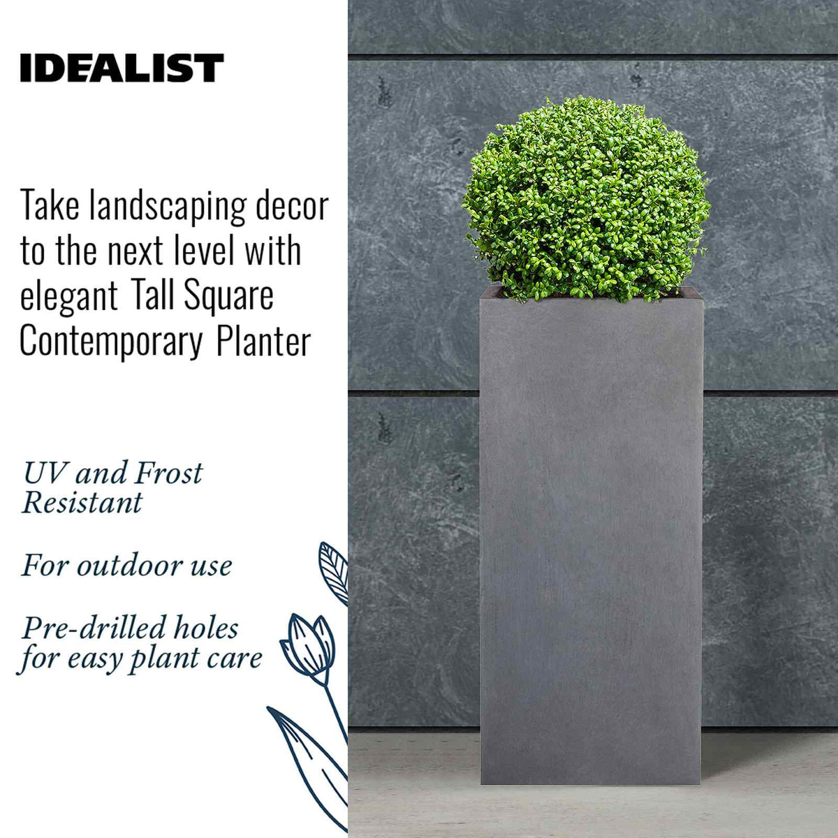 A round green shrub sits in the IDEALIST Lite Contemporary Faux Lead Tall Square Planter (H50 L21 W21 cm, 22L) against a dark stone wall. The outdoor pot is UV and frost-proof with pre-drilled holes for easy plant care.