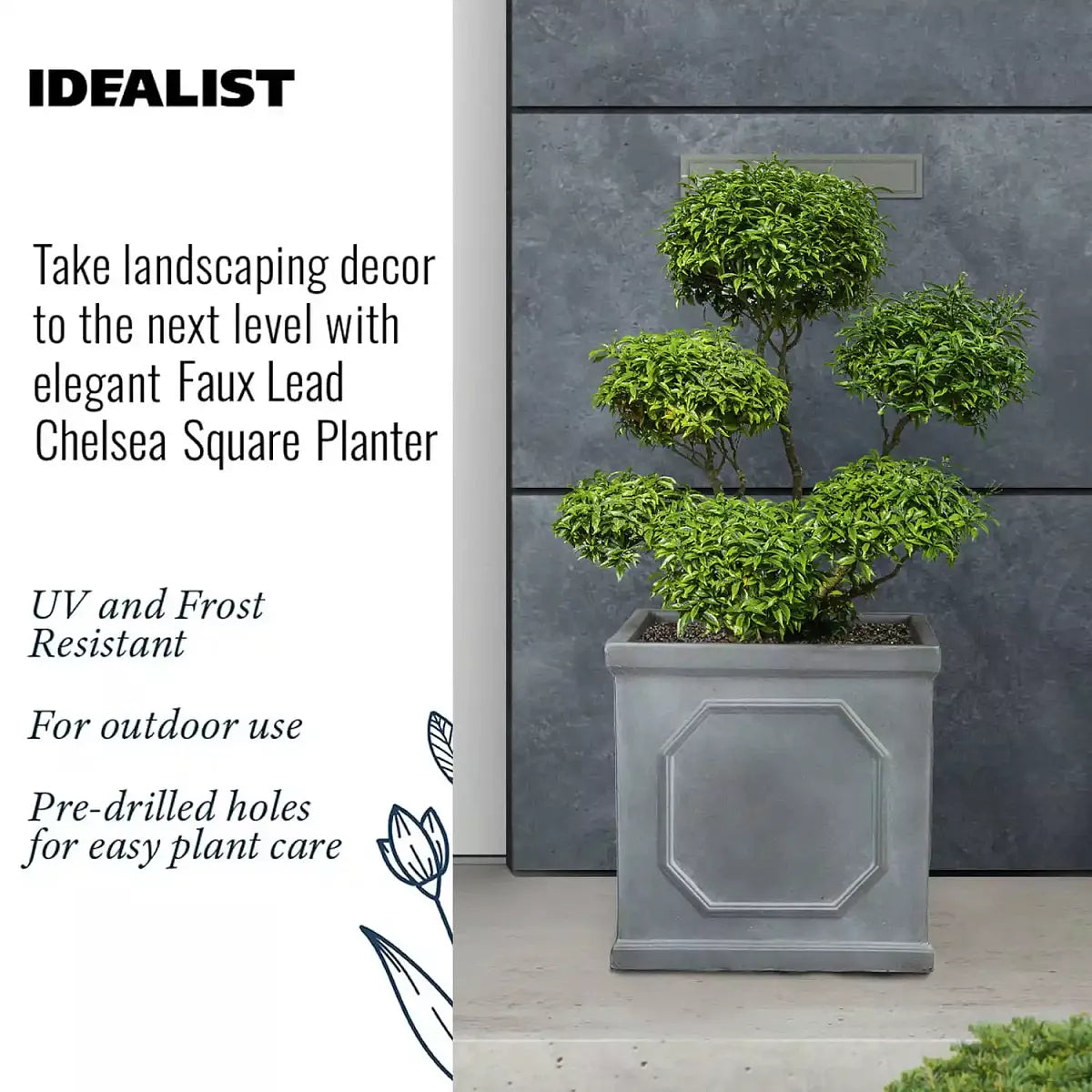 The IDEALIST Lite Chelsea Flower Box, Faux Lead Grey (45x45x45 cm, 91L), stands before a sleek stone wall. UV/frost resistant, outdoor ready, with pre-drilled drainage holes for easy plant care.