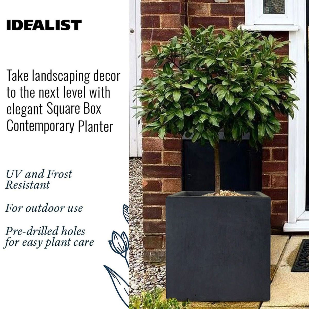 A small tree grows in the IDEALIST Lite Contemporary Flower Box Square Garden Planter, a stylish, UV and frost-resistant faux lead pot with drainage holes, perfect for outdoor spaces like patios by brick walls (H60 L60 W60 cm, 195L).