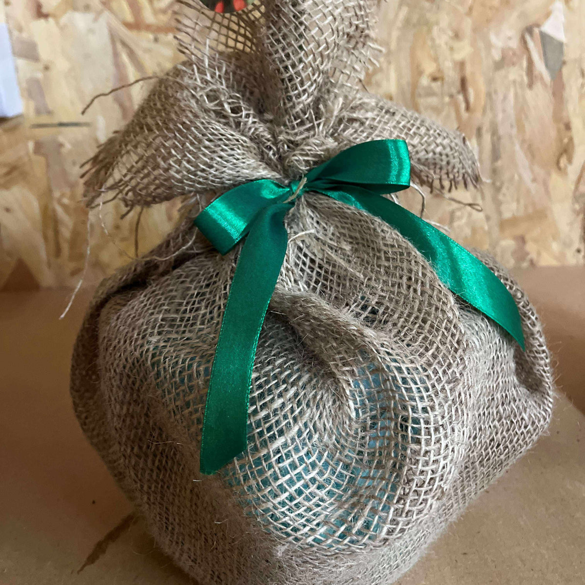 Hessian Gift Wrap finished with Ribbon
