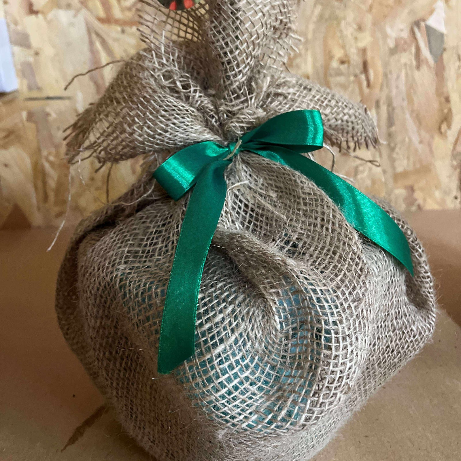 Hessian Gift Wrap finished with Ribbon