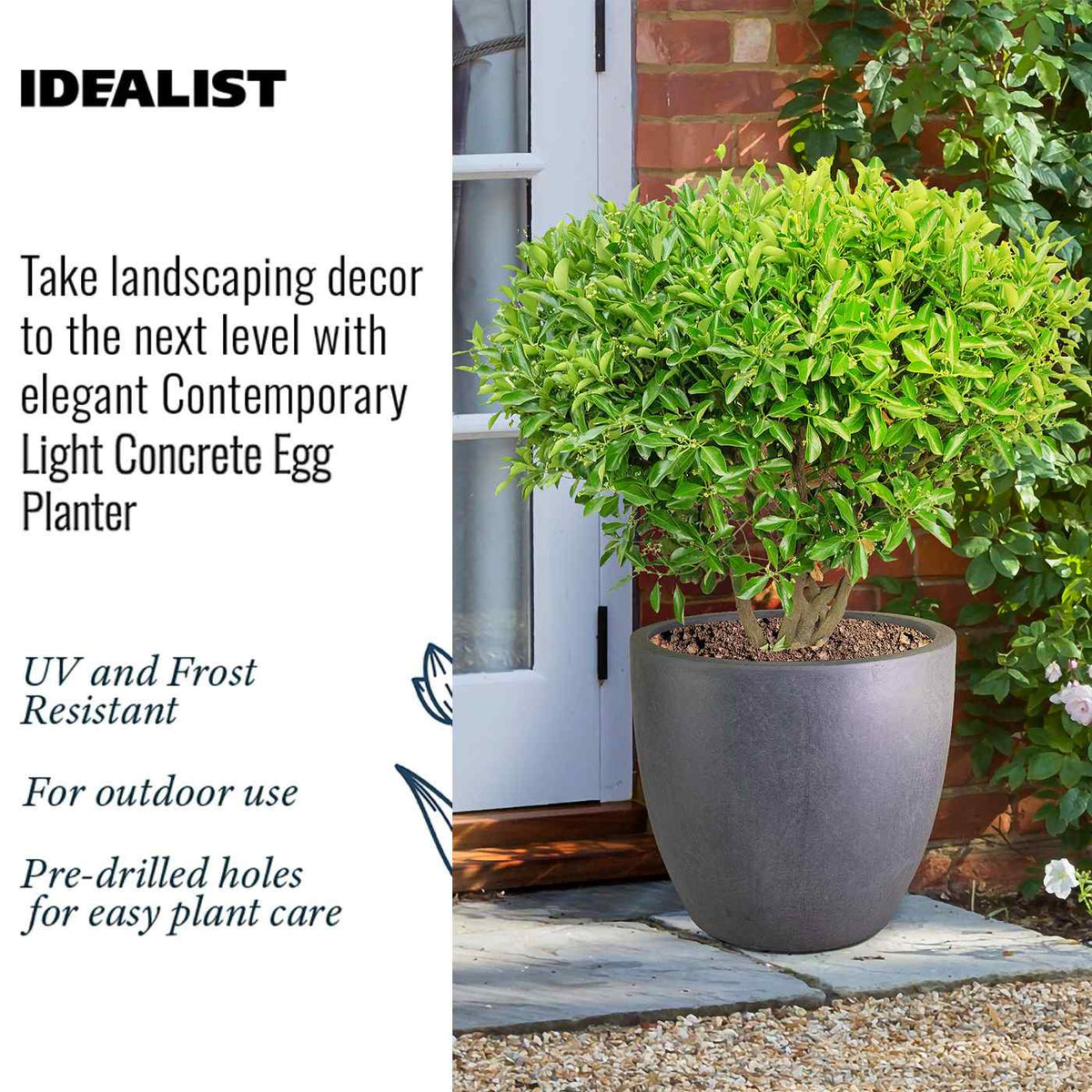 The IDEALIST Lite 50cm Washed Light Concrete Egg Round Planter (98L) is a contemporary, UV and frost-proof outdoor plant pot with pre-drilled drainage holes, perfect for patios and suitable for trees and leafy green plants.