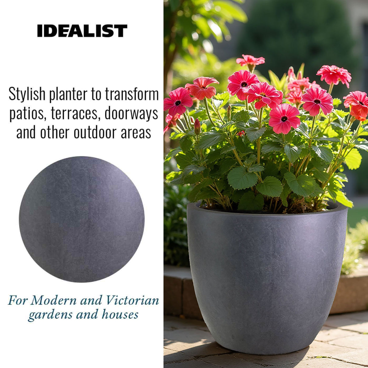 The IDEALIST Lite 50cm Large Garden Planter for Trees is a washed light concrete, egg-shaped round pot (D50 H50 cm, 98L), perfect for patios, terraces, or gardens and suits both modern and Victorian homes. Contemporary outdoor style featured.