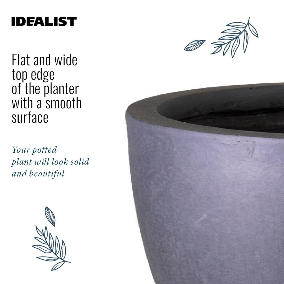 A close-up of the IDEALIST Lite 50cm Washed Light Concrete Egg Round Planter, a smooth grey outdoor pot with decorative leaf designs and text highlighting its frost-proof feature, shown on a white background.