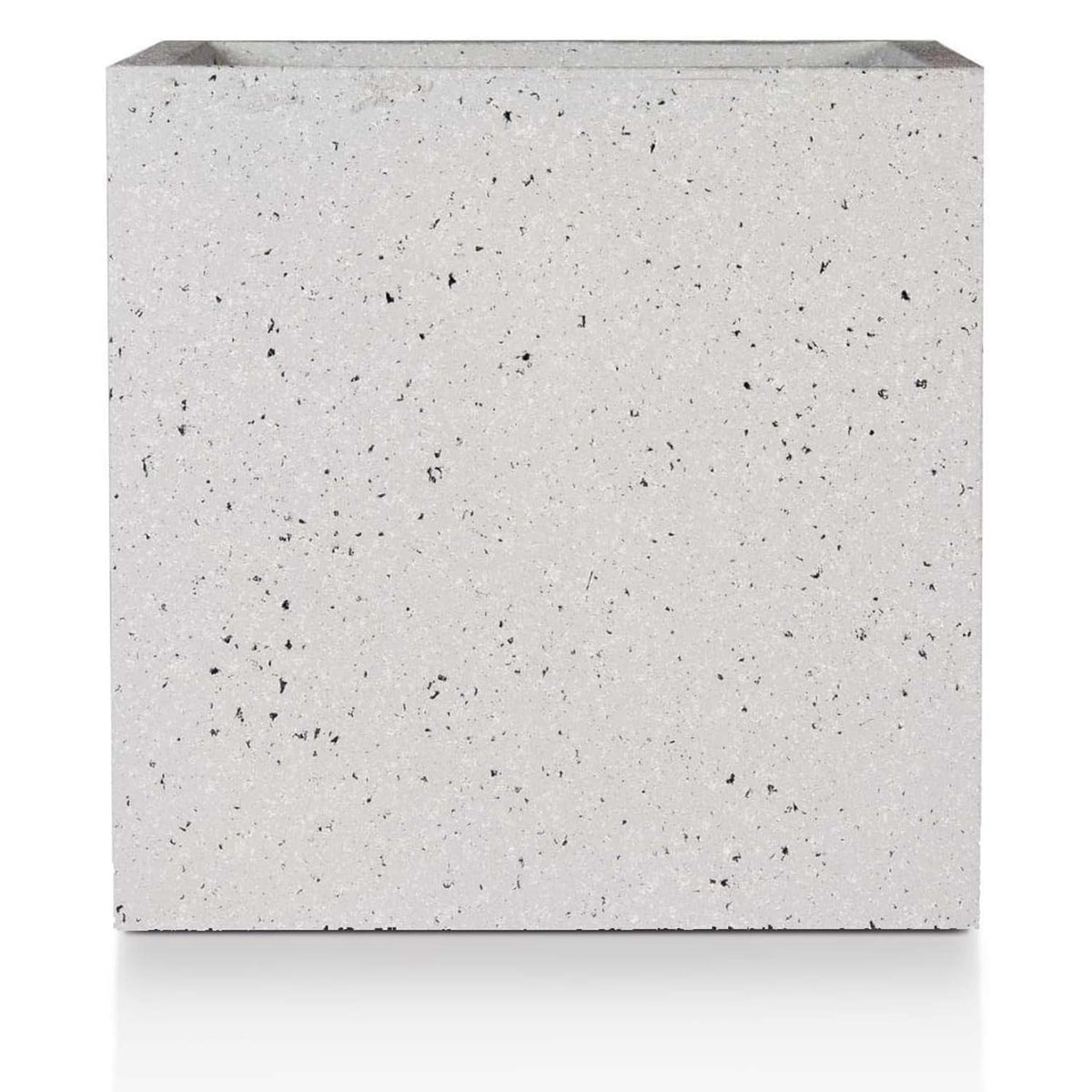 The IDEALIST Lite Contemporary Flower Box is a square, light concrete planter (H30 L30 W30 cm, 28L) with a speckled black and dark gray pattern on white. Frost-proof for reliable outdoor use.
