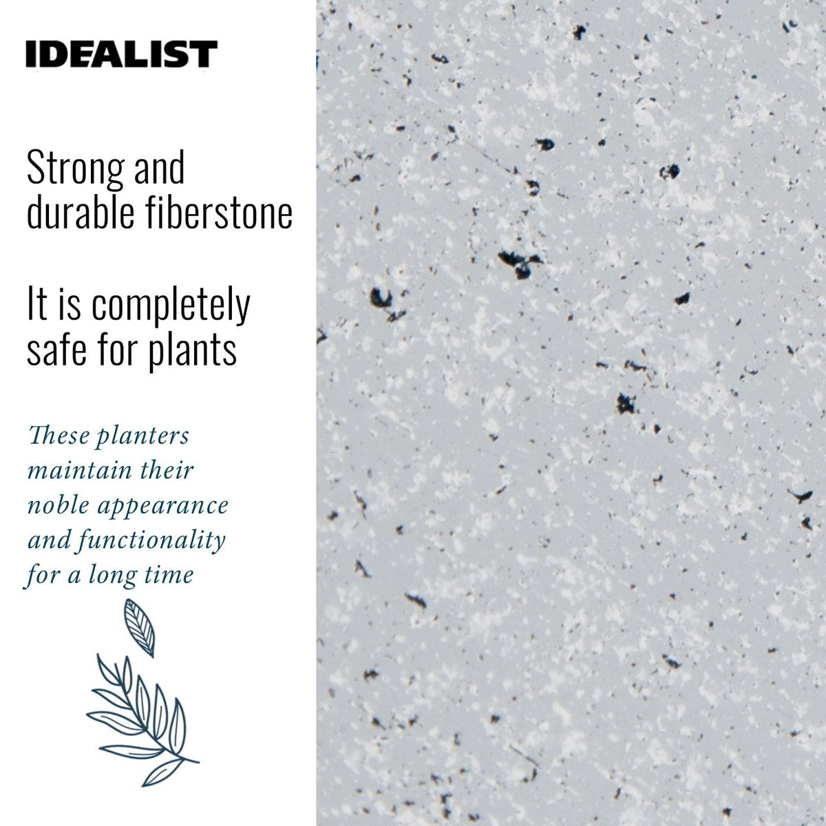 Close-up of the IDEALIST Lite Contemporary Flower Box, a light concrete square garden planter (H30 L30 W30 cm, 28L), showing its black and white speckles. Text highlights its strength, durability, and plant safety, with a leaf graphic and brand logo above.