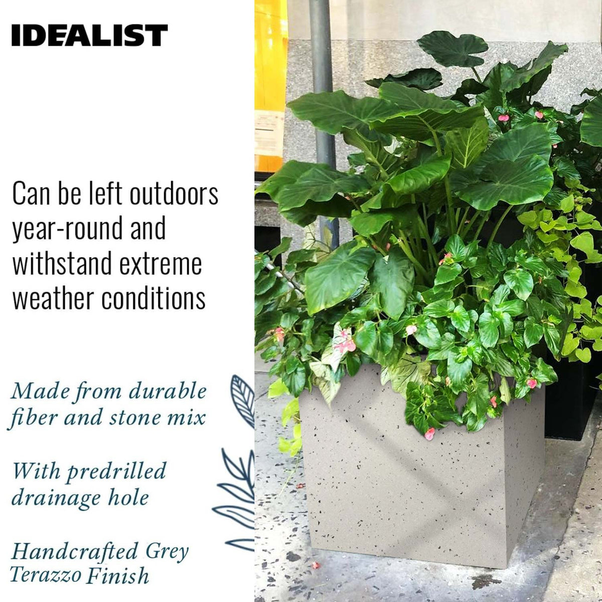 The IDEALIST Lite Contemporary Flower Box Square Garden Planter (H30 L30 W30 cm, 28L) in light concrete sits outside by a building, filled with lush greenery and pink blooms. It&#39;s frost-proof, weather-resistant, with a predrilled drainage hole.