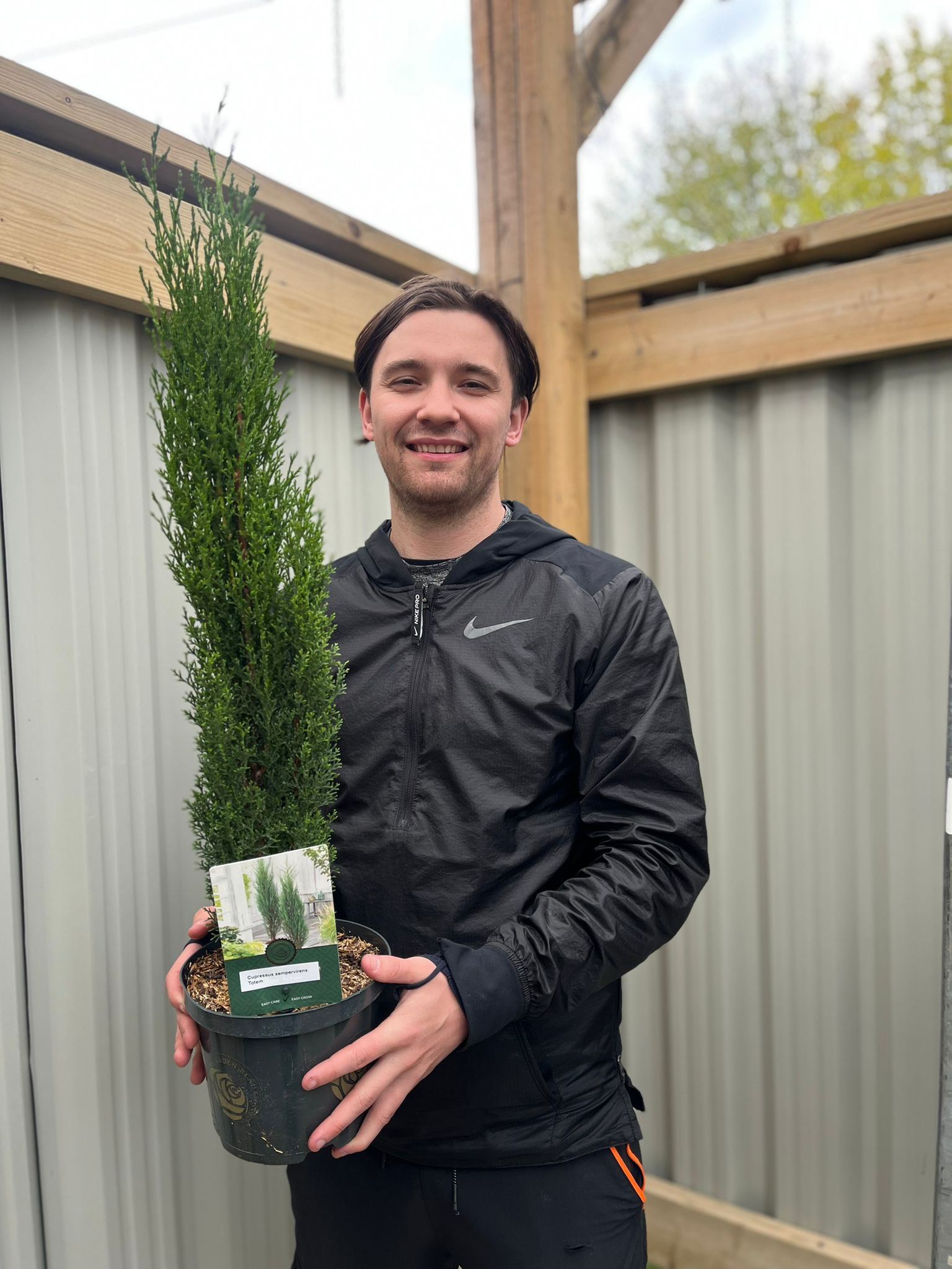 A person in a black beanie and jacket smiles while holding a Cupressus sempervivrens Totem (Italian Cypress) 50-60cm, its evergreen foliage standing out among other potted plants on metal shelves at the garden center.