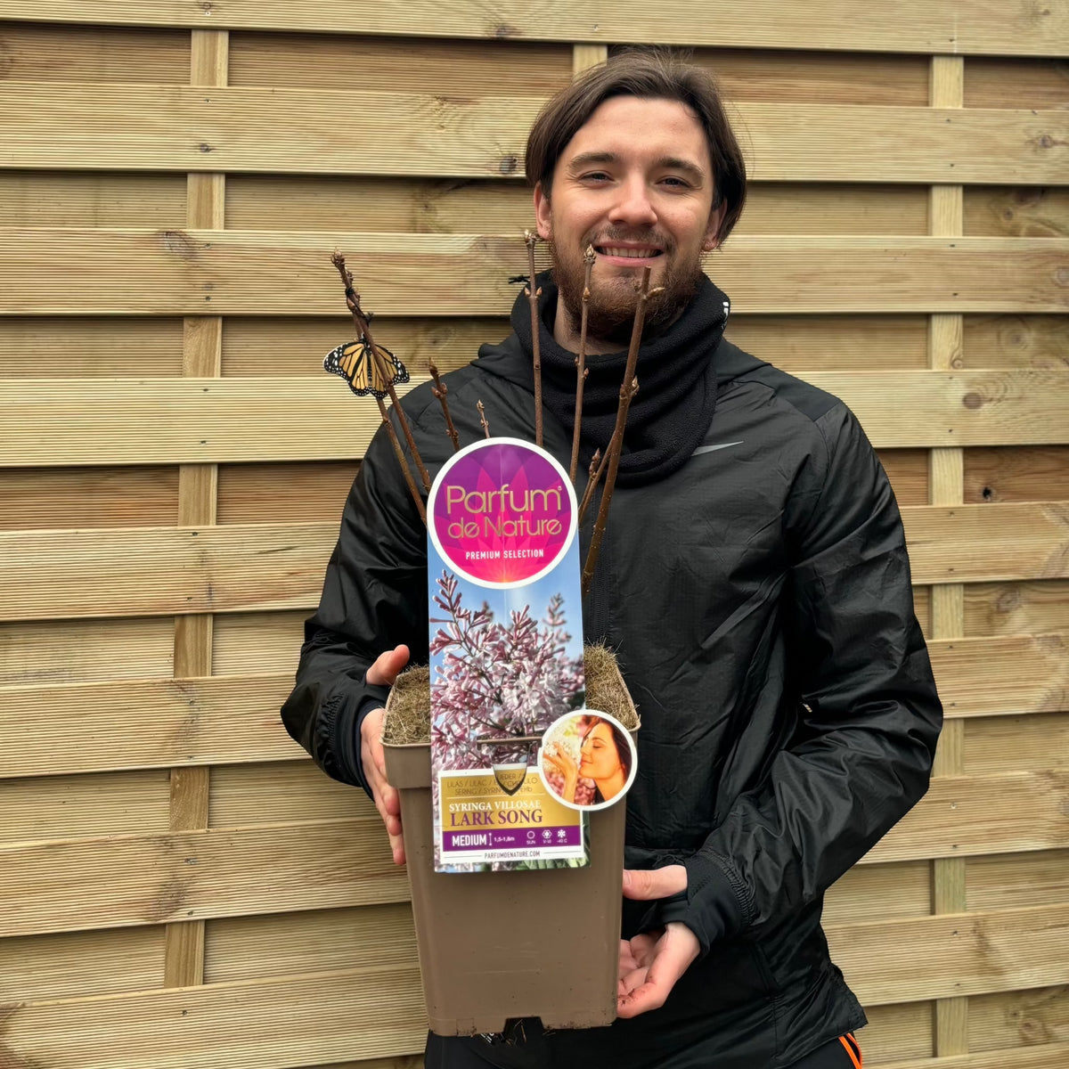 A person in a black jacket stands before a wooden fence, smiling and holding a Syringa villosae &#39;Larksong&#39; 4L shrub. A butterfly is perched on one of its branches.