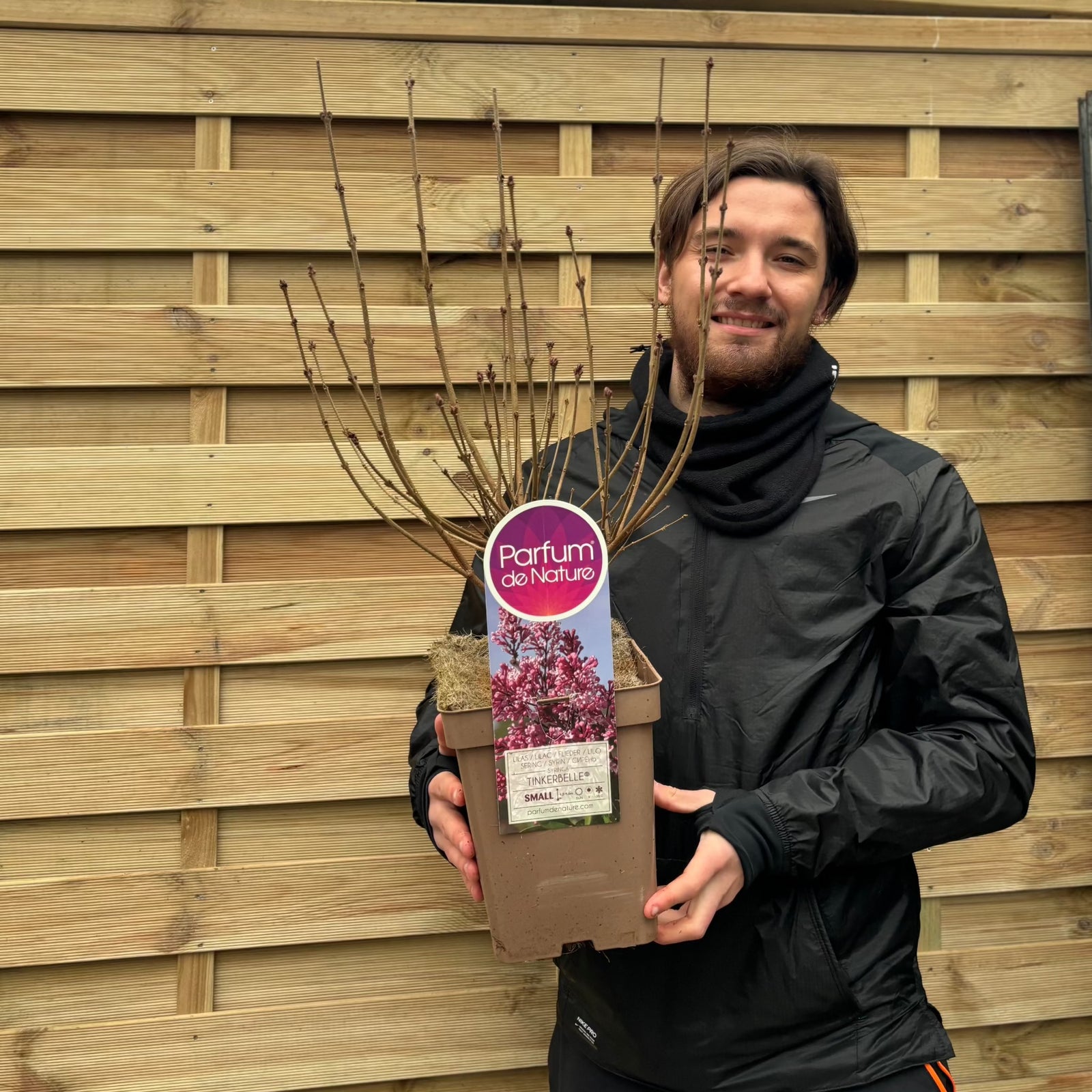 A smiling person in a black jacket holds a potted, leafless Syringa villosae 'Agnes Smith' 4L in front of a wooden fence.