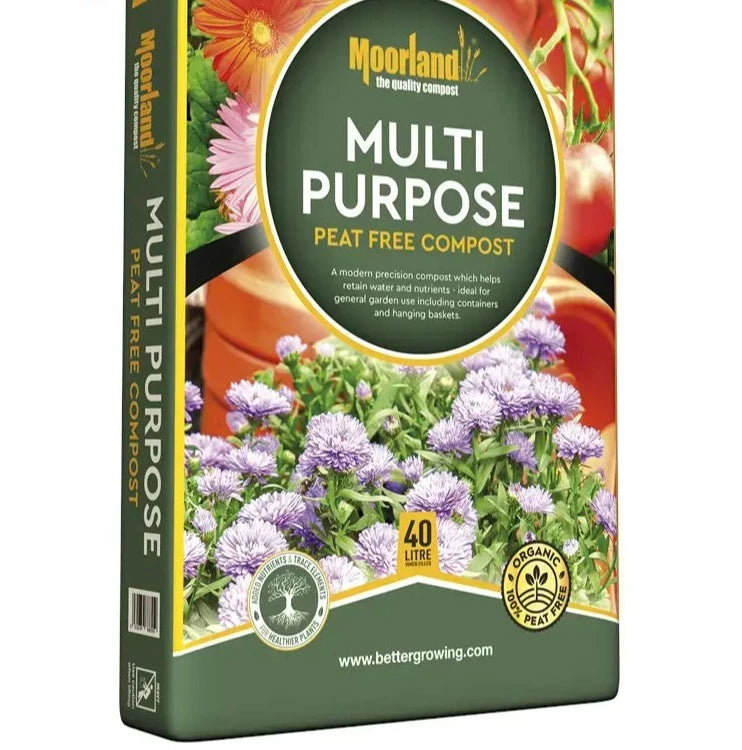 A 40L bag of Moorland Peat Free Compost, organic and nutrient-rich, with packaging showing purple/pink flowers and tomatoes; ideal for multiple purposes.