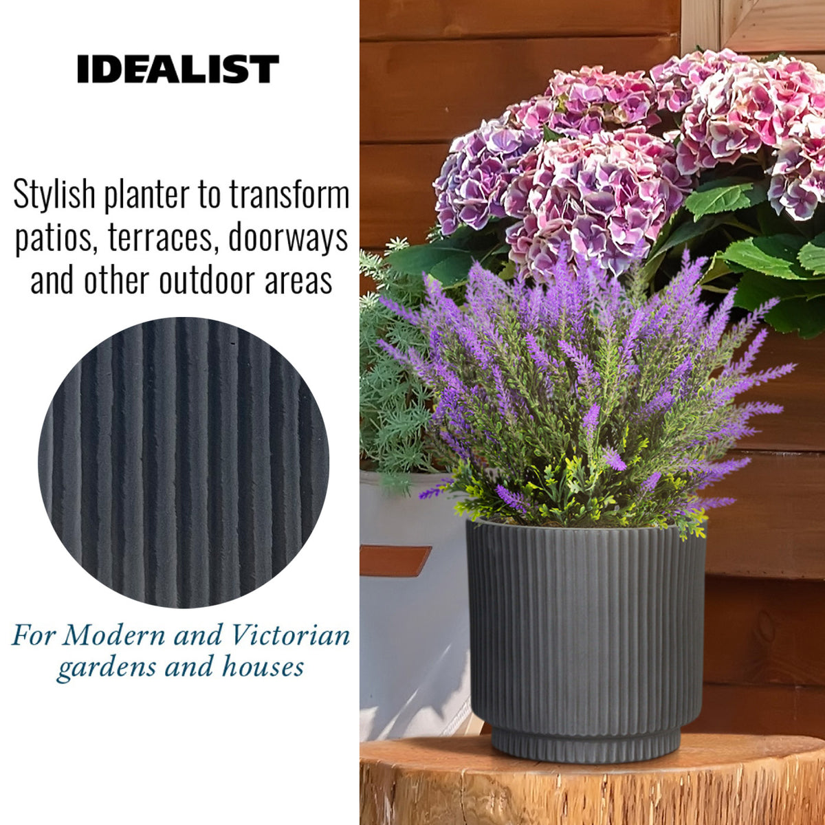 IDEALIST Lite Vertical Ribbed Black Cylinder Outdoor Planter