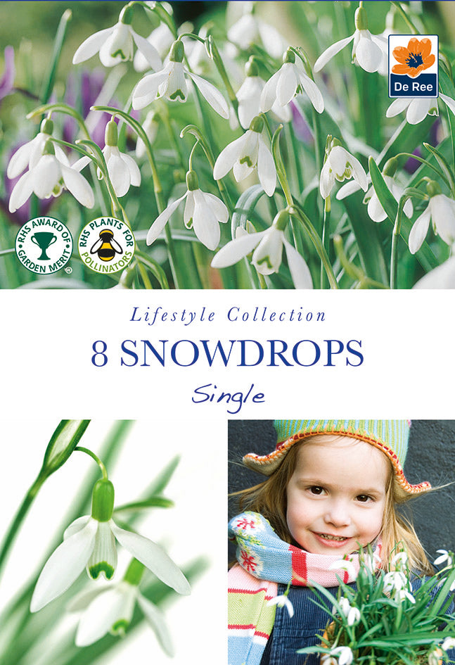 Snowdrops (8 Bulbs) pack with photos of snowdrop flowers and a smiling child in a colorful hat and scarf. Includes gardening and pollinator-friendly icons. Great for adding fragrance to your garden.
