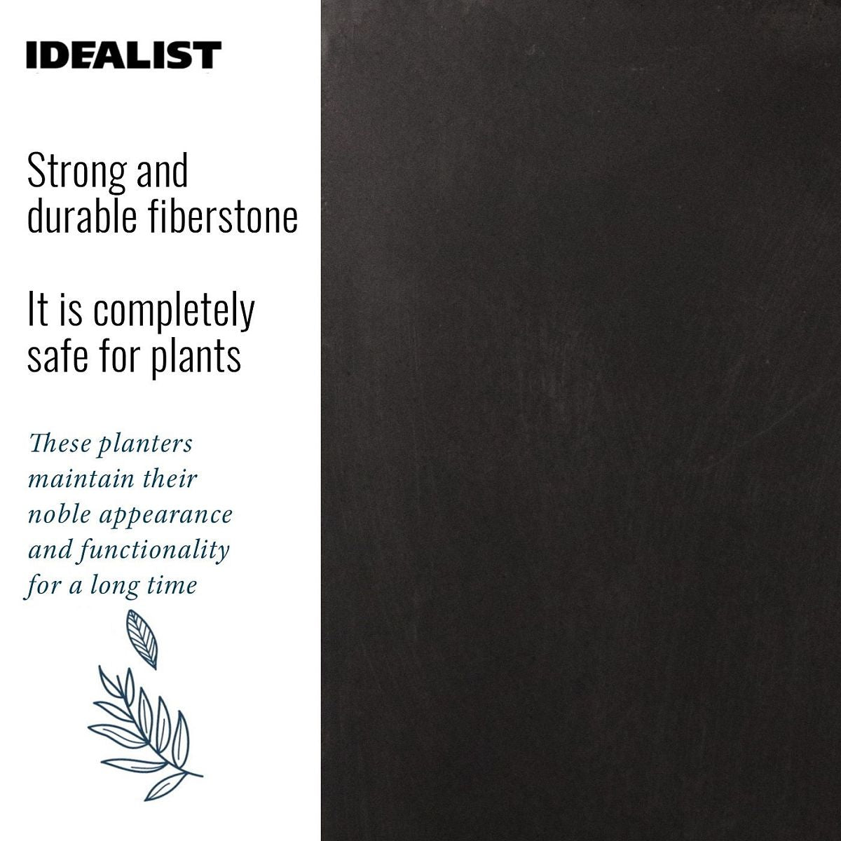 A promotional graphic for the IDEALIST Lite Contemporary Trough Garden Planter (H30 L65 W19 cm, 37L) features its durable, frost-resistant fiberstone, plant-safe design, drainage holes, lasting appearance, and leaf illustrations.