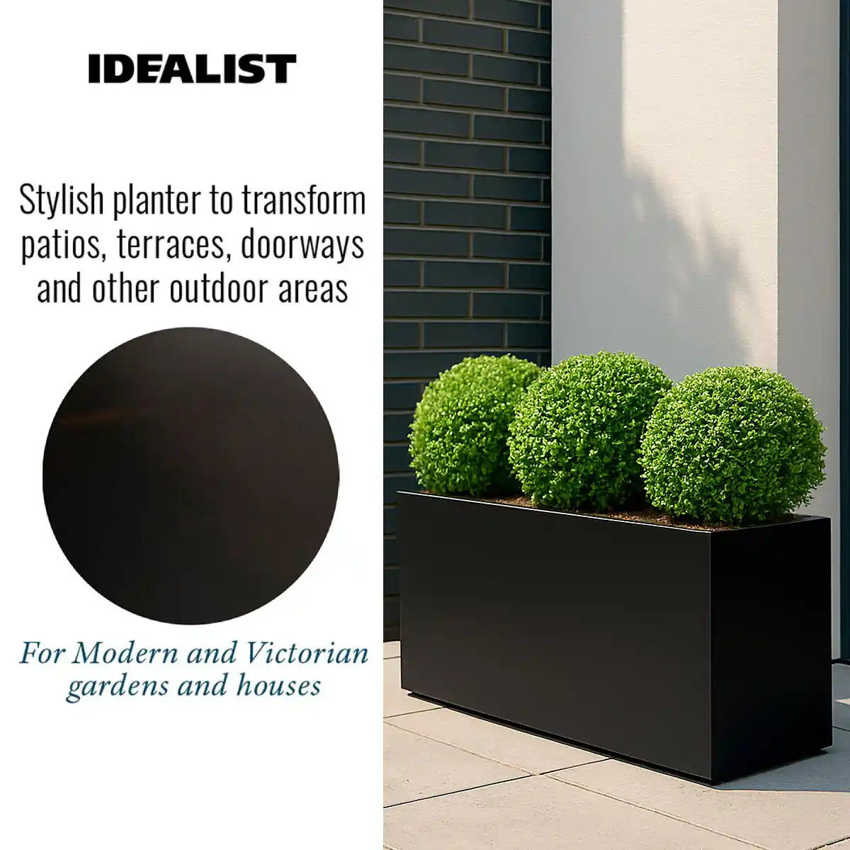 The IDEALIST Lite Contemporary Trough Garden Planter (Light Concrete, H30 L65 W19 cm, 37L) features a sleek rectangular design with drainage holes and is shown holding three vibrant green plants.
