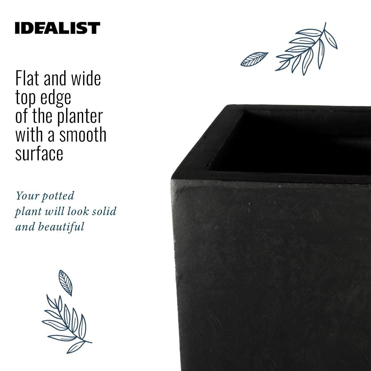 The IDEALIST Lite Contemporary Trough Garden Planter, Light Concrete (H30 L65 W19 cm, 37L), features a flat wide rim and smooth finish. Leaf motifs and text highlight its frost resistance and drainage holes to keep potted plants looking great.