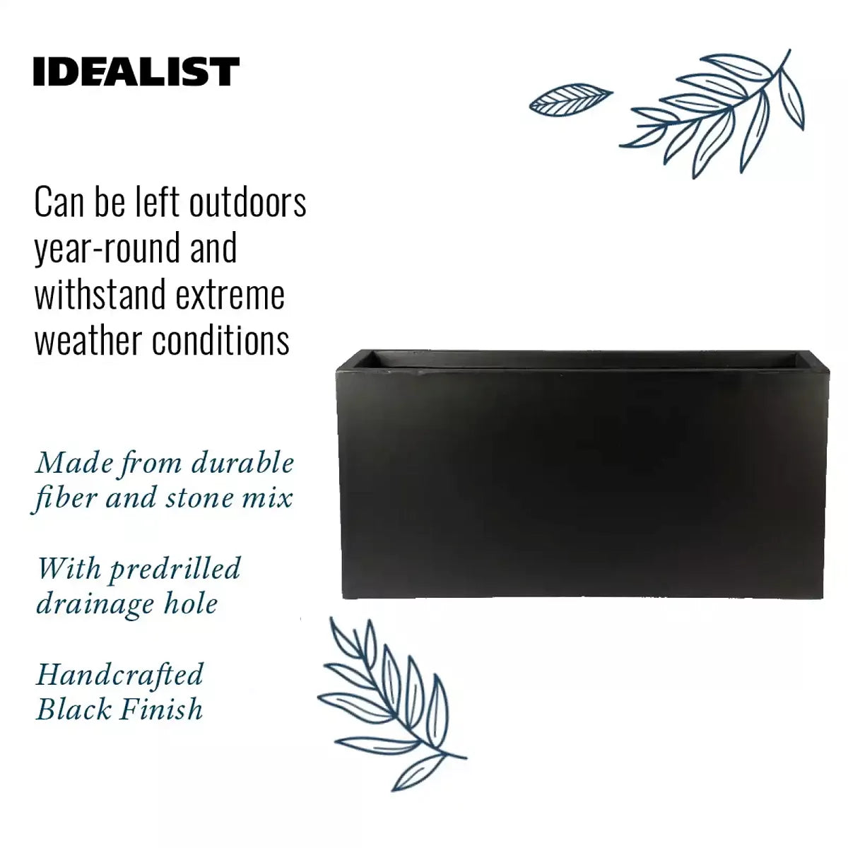 The IDEALIST Lite Contemporary Trough Garden Planter (H30 L65 W19 cm, 37L) is shown in light concrete with a handcrafted finish, durable frost-resistant fiber-stone build, predrilled drainage holes, and leaf graphic accents against a white background.