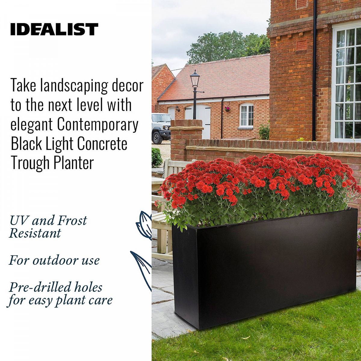 The IDEALIST Lite Contemporary Trough Garden Planter (H51.5 L100 W36 cm, 185L) sits by a brick building, elevating your garden. Made of light concrete, it’s frost-resistant with pre-drilled drainage holes for effortless, year-round outdoor use.